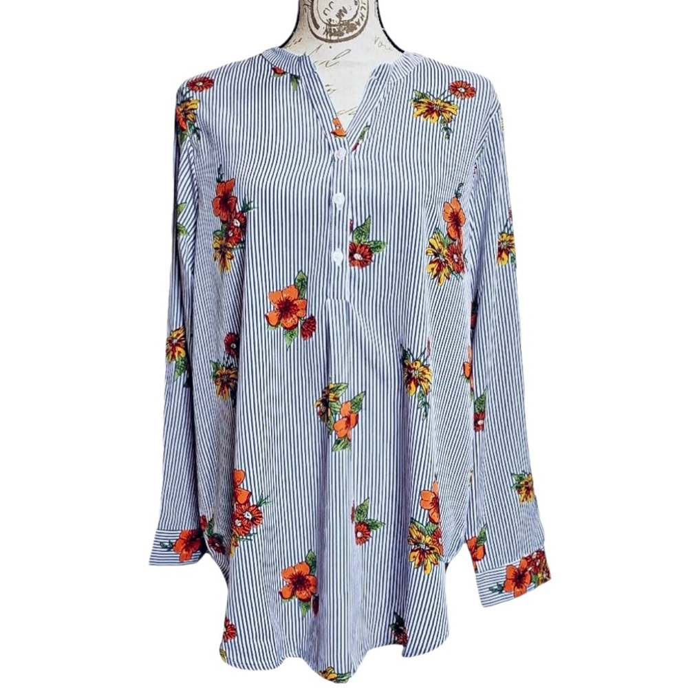 Skyline Collection Floral Blouse Size XXL Blue Stripe